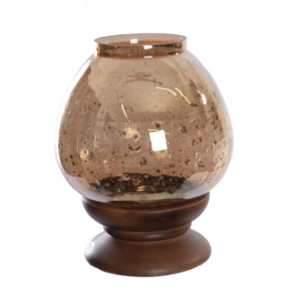 WOOD STAND W/GLASS BALL CANDLE HOLDER MEDIUM BROWN
